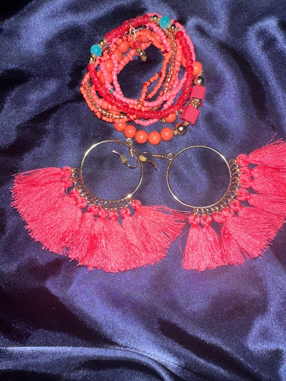 Vibrant Coral Tassel Hoop Earrings and Beaded Bracelet Set